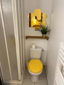 La salle de bains est pourvue de toilettes et d'un couvercle jaune. dans l'établissement T2 4p centre historique-parking, à Rennes