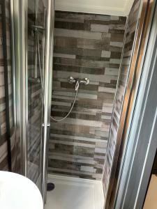 a shower with a glass door in a bathroom at A Snuggles hut in Faversham