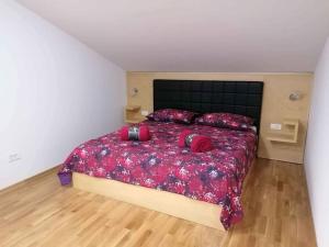 奈维斯Comfortable apartment with the view的卧室里有一张大床，配有红色枕头