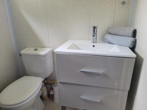 a white bathroom with a toilet and a sink at Gîte à Romagné in Romagné +6 photos