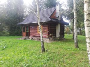 a small log cabin in a field with trees at Chatka Na Rozdrożu in Uście Gorlickie