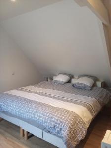 un lit avec deux oreillers dessus dans une chambre dans l'établissement Ti an traõn le petit gîte en cœur de Bretagne, à Carhaix-Plouguer
