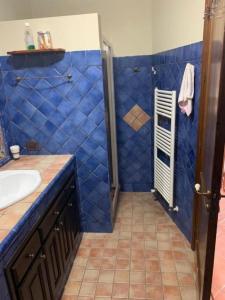 a blue tiled bathroom with a shower and a sink at La villa di Turi in Castellammare del Golfo