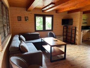 a living room with a couch and a table at Reset Bieszczady in Bystre