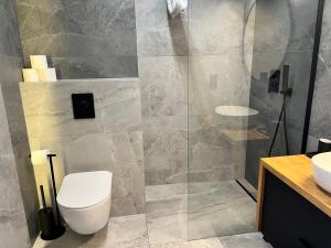 Un baño con inodoro y ducha de cristal. en Apartament Happy, en Busko-Zdrój