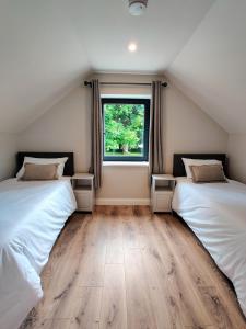 a attic bedroom with two beds and a window at Moynure House Boutique B&B & Separate Two bedroom Chalet in Athlone