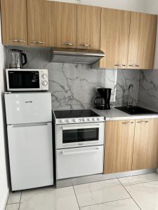 a kitchen with white appliances and wooden cabinets at Apartma Šmit in Vir