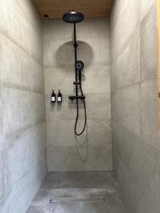 une douche avec pommeau de douche dans une salle de bain dans l'établissement Chalet dans un écrin de verdure avec SPA privatif, à Jeanménil 10 autres photos