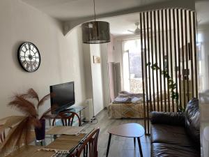 Televízia a/alebo spoločenská miestnosť v ubytovaní STUDIO ÉQUIPÉ A 50 MÈTRE DE LA GARE ET 10 MN DES PLAGE