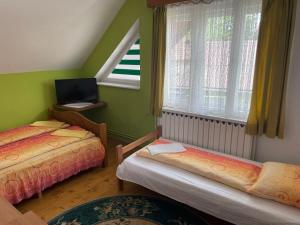 a small room with two beds and a window at Góbé Vendégház in Sovata