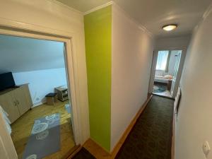 a room with a green and white wall at Góbé Vendégház in Sovata
