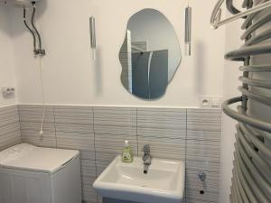 a bathroom with a sink and a mirror and a toilet at Apartament TAMAJA in Bielsko-Biała