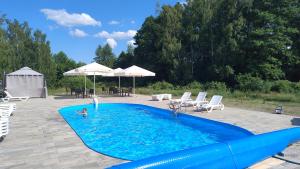 a large blue pool with two people in the water at Domki u Czopera in Zełwągi