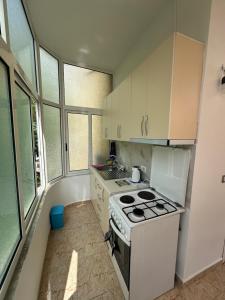 a kitchen with a stove and some windows at Eldi's Apartment in Golem +22 photos