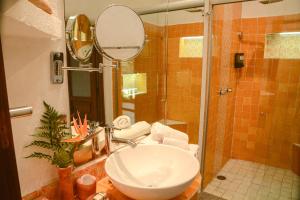 a bathroom with a sink and a shower with a mirror at Petit Mesón (Pet Friendly Hotel) in Valle de Bravo