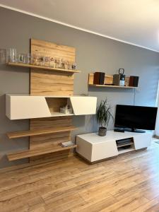 Televízia a/alebo spoločenská miestnosť v ubytovaní BlueApartment