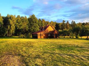a barn in the middle of a field at Agroturystyka u Doroty in Rajgród