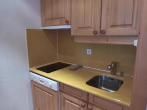 莱斯奥琉斯Résidence Lachat - Bel appartement 2 pièces 4 personnes proche de Méribel centre MAE-1785的带水槽和木质橱柜的厨房