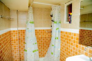 a bathroom with a shower curtain with butterflies on it at Fleur Guest House in Kigali +114 photos