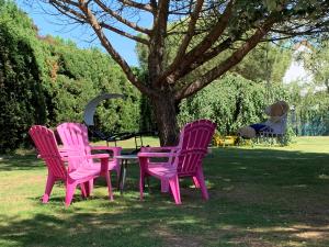 four pink chairs sitting around a table in the grass at Brit Hotel Dak Hotel in Avallon