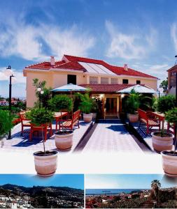 two pictures of a house with chairs and umbrellas at Residencial Do Vale in Funchal