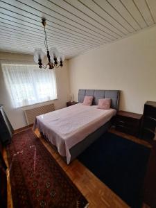 a bedroom with a bed and a chandelier at Apartment Anna - Austrian country house in Marchfeld im Weinviertel in Marchegg