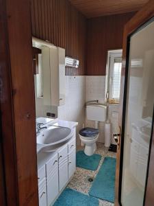 a bathroom with a white sink and a toilet at Apartment Anna - Austrian country house in Marchfeld im Weinviertel in Marchegg +120 photos