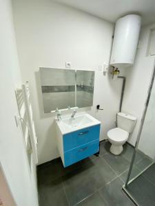 a bathroom with a blue sink and a toilet at Danielle et octave in Clermont