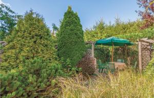 un jardín con mesa y sombrilla en Holiday Home Rowy Ul Bukowa, en Rowy