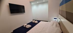 a bedroom with a bed and a flat screen tv at La Maison sul Porto in Anzio +1 photo