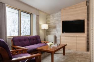 a living room with a purple couch and a tv at Courtyard by Marriott Hakuba in Hakuba