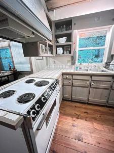 a kitchen with a white stove and a sink at Treetop Cabin in Cedar Mountain +4 photos