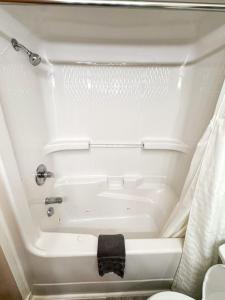 a white bath tub with a black towel on it at Lake Bluff Inn and Suites in South Haven