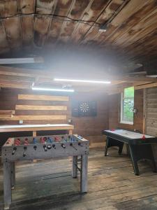tavolo da ping pong in una stanza con tavolo da ping pong di The Cozy Red cottage a Lake Luzerne