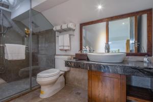 a bathroom with a toilet and a sink and a shower at Mount Emei Heyuan Serene Residence Hot Spring Hotel in Emeishan City