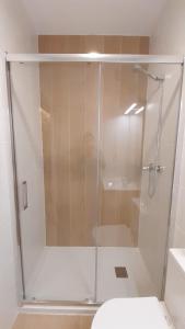 La salle de bains est pourvue d'une douche en verre et de toilettes. dans l'établissement Good Energy Rooms, à Alicante 31 autres photos