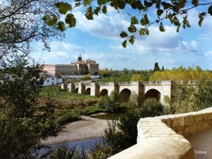 un puente sobre un río con un edificio al fondo en Casa Tia Paula, en Carrión de los Condes