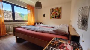 una camera da letto con un letto e una finestra di Familien-Ferienwohnung Lichtenstein (BW) a Lichtenstein