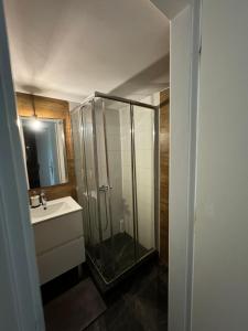 a bathroom with a glass shower and a sink at Plaka quiet Apartment in Athens +11 photos