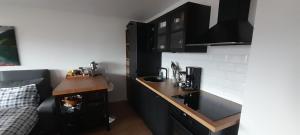 a small kitchen with black cabinets and a counter at Hautes Roches - Magnifique vue sur la montagne in Crans-Montana