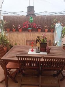 a wooden table with potted plants on a patio at ONLY4MAN luxury Guesthouse Sitges in Sitges