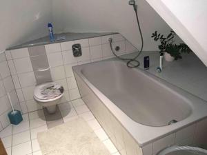 a bathroom with a toilet and a bath tub and a sink at Charmantes Dachloft mit spektakulärer Aussicht in Ludwigsburg