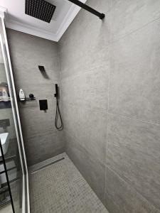 a bathroom with a shower with a tiled wall at Apartament pe malul Mureșului in Arad
