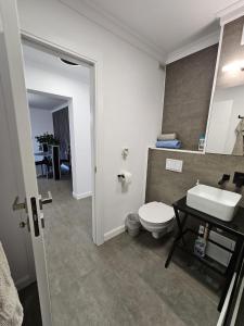 a bathroom with a white toilet and a sink at Apartament pe malul Mureșului in Arad