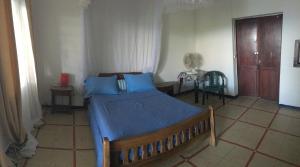 a bedroom with a large bed with blue pillows at Farida Lodge in Moroni