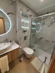 a bathroom with a shower and a toilet and a sink at Appartement T2 vue sur mer, Place Méditerranée in Canet-en-Roussillon +5 photos