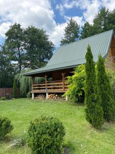 a log cabin with a green roof in a yard at Roztoczańskie Chatki in Kaczórki +14 photos