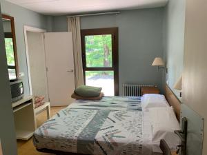 ein Schlafzimmer mit einem Bett und einem Fenster in der Unterkunft Hostal Rural Can Enric in Sant Sadurni d'Osormort