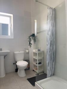 Un baño con inodoro y cortina de ducha. en Vicky Porto, en Oporto