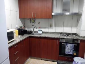 a kitchen with wooden cabinets and a sink and a microwave at Alojamento Almirante in Viseu